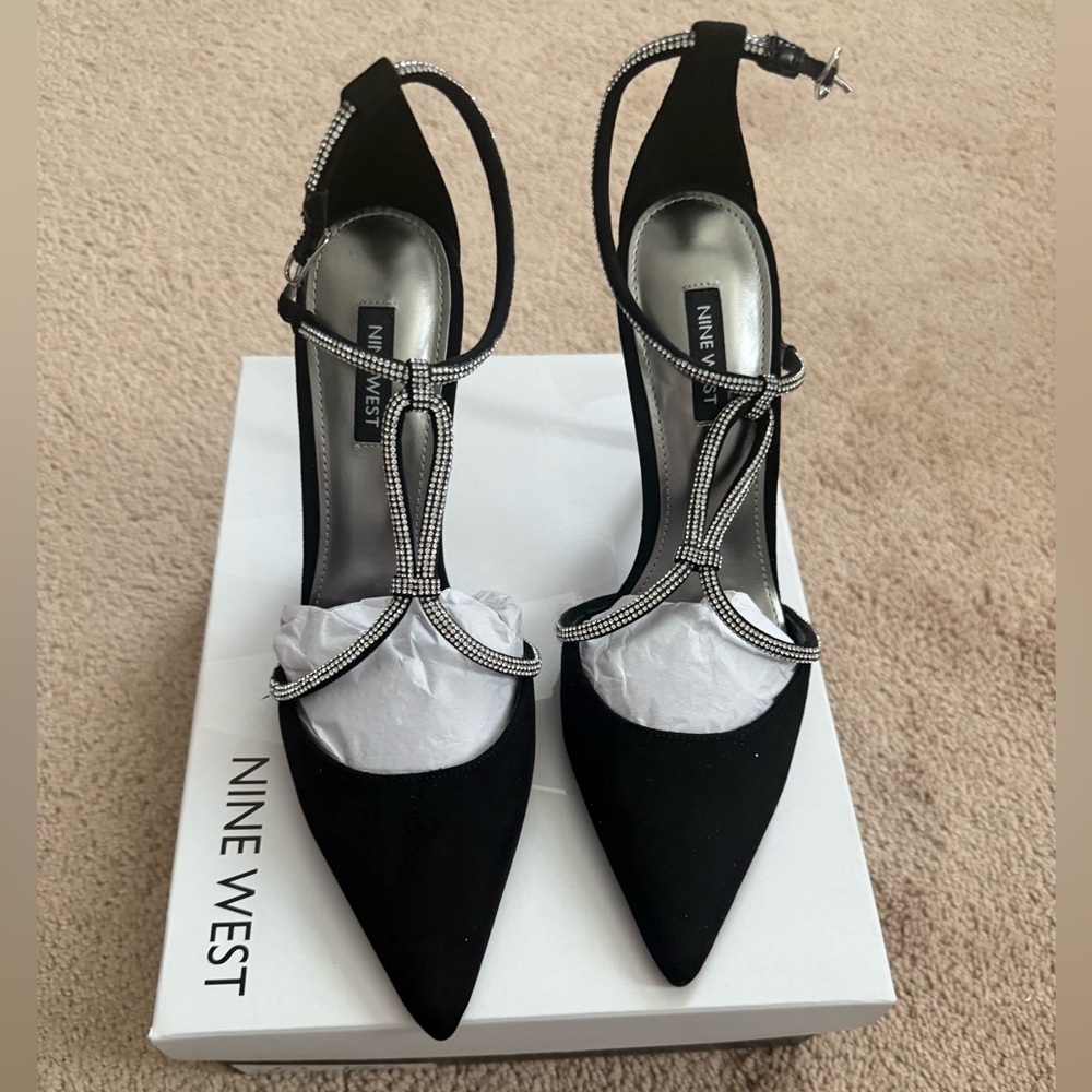 Nine West Black and Silver T-Strap Heels